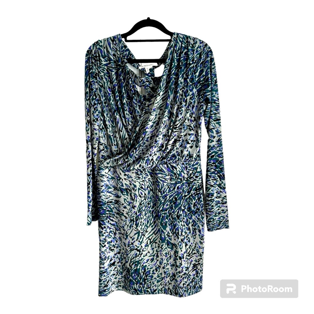 BCBG Generation grayish Blue Print Long Sleeve Faux Wrap Dress Stretch sz med